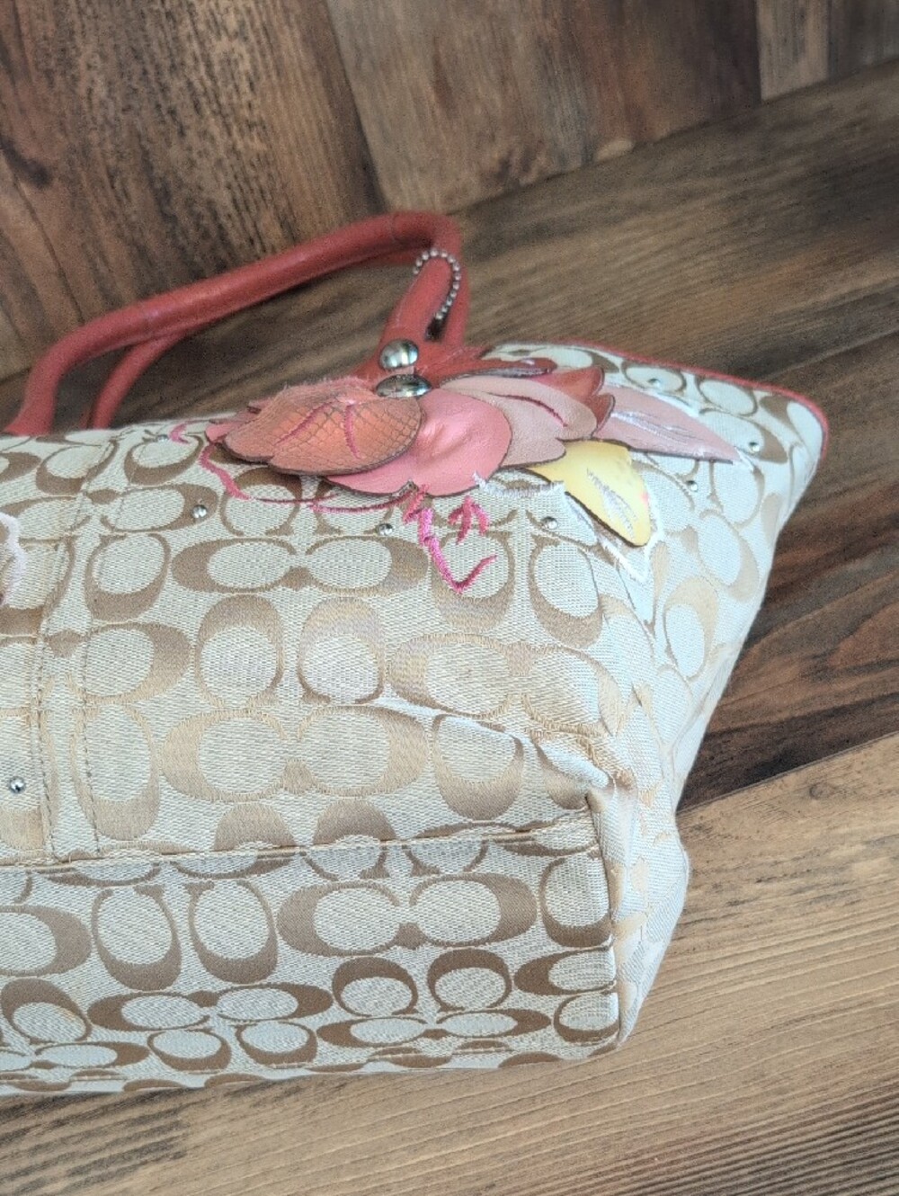 Coach Bleecker Signature Floral FF16276 Tan Pink Floral Tote Bag w/Leather M409 - Picture 6 of 13